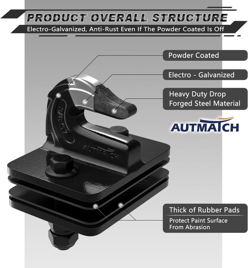 AUTMATCH Tractor Bucket Grab Hook 3/8" (2 Pack) - Bolt On Grab Hook Tow Hook Mount with Backer Plate and Rubber Pads, Grade 70 Forged Steel Max 18,000Lbs Work for Loader, Tractor Bucket, Truck, Black - Image 3